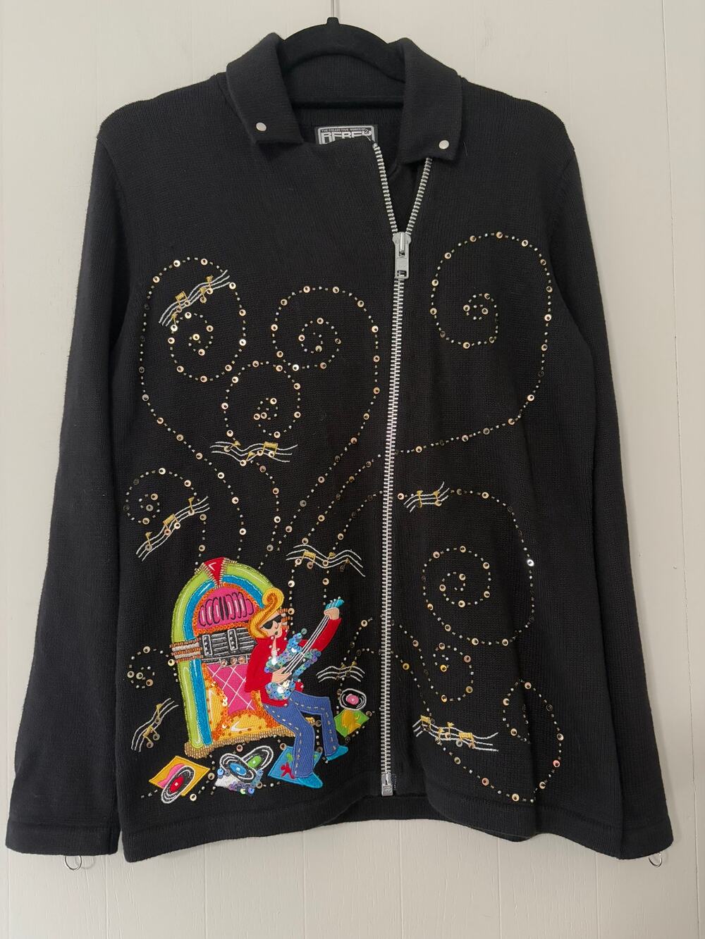 Berek Medium Zip Long Sleeve Elvis Rock Roll Jukebox Sample Biker Sweater